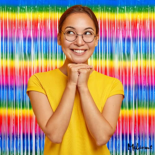 Image of 4 Pack Dark Rainbow Fringe Curtain Backdrop, 3.2Ft x 6.6Ft Metallic Tinsel Foil Fringe Streamers Background for Photo Booth Birthday Wedding Baby Shower Carnival Easter Mother's Day Party Decorations