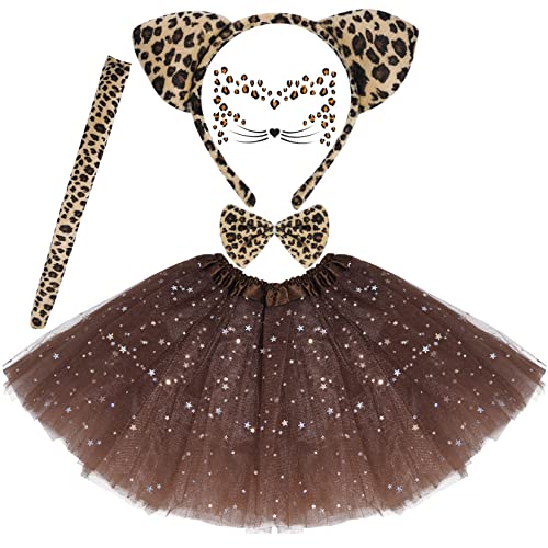 Dxhycc Cat Costume Leopard Cat Ears Headband Tail Bowtie Tutu and Leopard Face Sticker for Halloween Dress Up