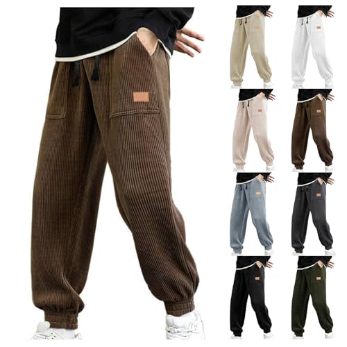 Mens Corduroy Sweatpants Loose Elastic Waist Jogger Pants Solid Color Drawstring Track Pants 2025 Casual Trousers4