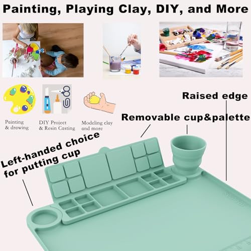 Image of Svartur Silicone Painting Mat with Cup and Palette Detachable, 17 inchX13 inch Thick Silicone Craft Mat with Raised Edge for Artist, Painting Station Creator Mat, Green