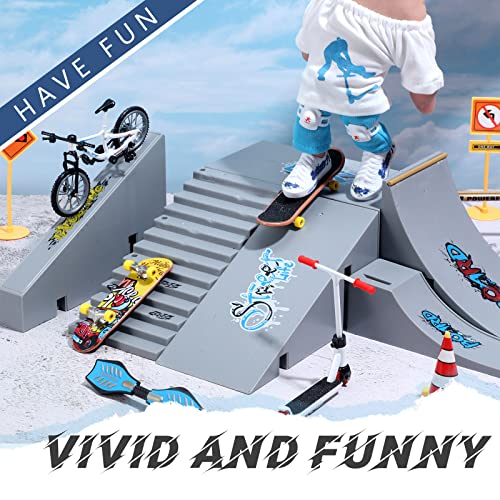Charniol 22 Pcs Mini Finger Toy Set Finger Skateboards, Finger Scooter, Finger Tops, Finger Pants,Finger Bike, Tiny Swing Board, Wheels, Tools Party Favors (Blue, Black, White) #TOP3