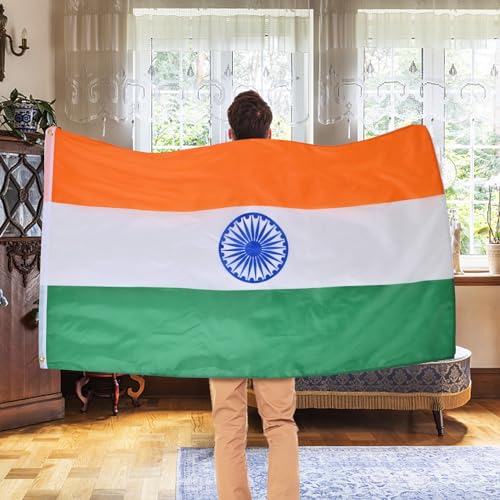 Image of AhfuLife India Flag Indian Flag 3x5 Ft, Large Indian National Flags for Outside - Double Side with Brass Eyelets for Olympic Party Decorations, Bar Garden Street Decoration Indoor Outdoor