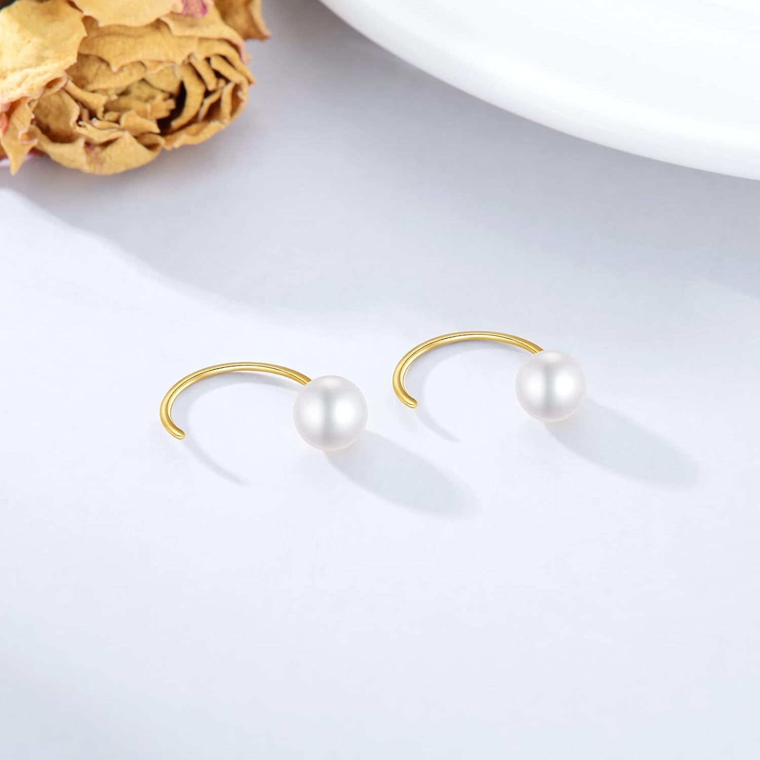 14K Yellow Gold Half Hoops Pearl Earrings for Women, Delicate Gold Freshwater Pearl Cuff Wrap Piercing Hoop Studs Earrings Hypoallergenic Ear Jacket Jewelry for Mom, Wife 10MM