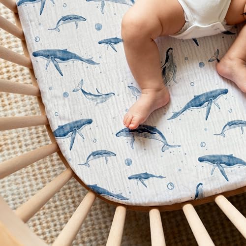 Image of Muslin Bassinet Fitted Sheets 2 Pack, Soft Breathable Cotton Baby Bassinet Mattress Sheet Set, 360 Elastic Snug Fit, Universal for Oval, Rectangle (Blue Whale, Bassinet Sheets 2 Pack)