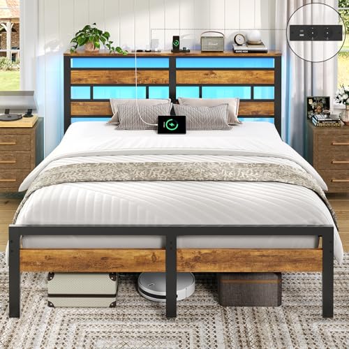 Brinlawb Bett 140x200 mit Lattenrost aus Metall, Doppelbett Bettgestell 140x200cm mit LED Beleuchtung und Ladestation (2 AC-Steckdosen, 1 USB-Anschluss und 1 Type-C-Anschluss) Metallbett mit Kopfteil