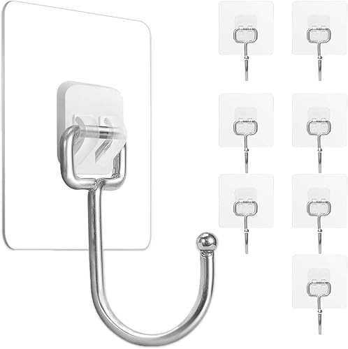 Ganchos adhesivos grandes de acero inoxidable (8 piezas) 22 libras máximo, impermeables y resistentes al óxido para uso resistente en cocina, baño,