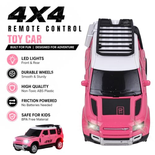Image of 1:64 Scale RC 4x4 SUV Alloy Die-Cast Remote Control Car - 2.4GHz Rechargeable Off-Road Crawler with LED Lights | Roof Rack Spare Tire for Kids 6+ Years (Pink)