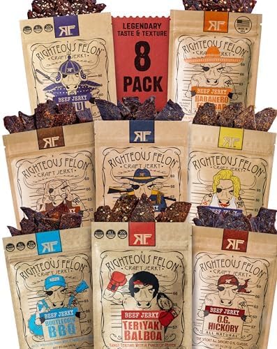 Righteous Felon Beef Jerky Variety Pack | Gluten Free Beef Jerky Snack Packs for Adults | High Protein, Keto-Friendly, Low Sugar | Made with Premium Meats | Gifts for Men | Sampler 8 Pack