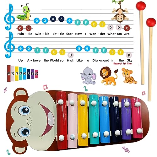 Image of Wembley Monkey Wooden Baby Xylophone for Kids Toys for 1+ Year Old Preschool Educational Learning Instruments Keyless Piano with 2 Sticks Musical Toy for Kids Girls Boy Children Non Toxic BIS Approved