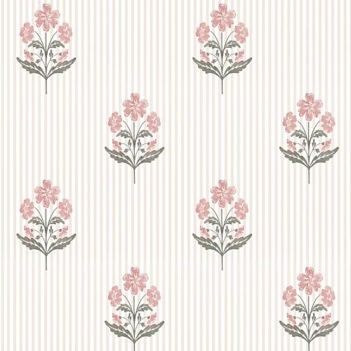 Safiyya Pink Floral Peel and Stick Wallpaper Striped Contact Paper Modern Farmhouse Wall Paper Waterproof Self Adhesive Removable Wallpaper for Bathroom Bedroom Cabinet Decor 17.3"×78.7”