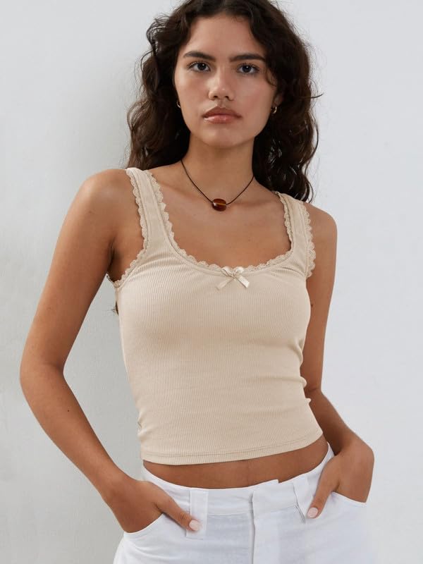 Haibang Damski podkoszulek elegancki letni czołg bez rękawów bawełna prążkowany podkoszulek z szerokim ramieniem seksowny slim fit koronkowa koszula Y2K Cami rozciągliwa koszulka