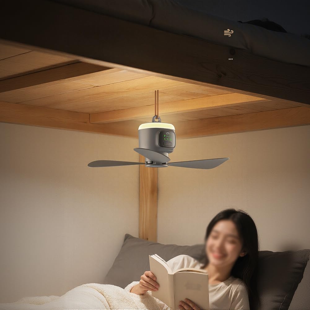 Ventilador de techo portátil, ventilador recargable con control remoto, batería de 12000 mAh, 4 velocidades, 3 temporizadores, silencioso para camping, dormitorio, hogar
