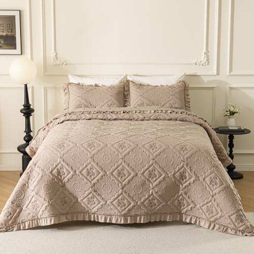 Image of BOV King Size Farmhouse Comforter Set Gray, Vintage Ruffle Quilt Bedding with Pillow Shams, French Country Bedding Set for Cottage Style & Farmhouse Bedrooms, 106x96 Inches