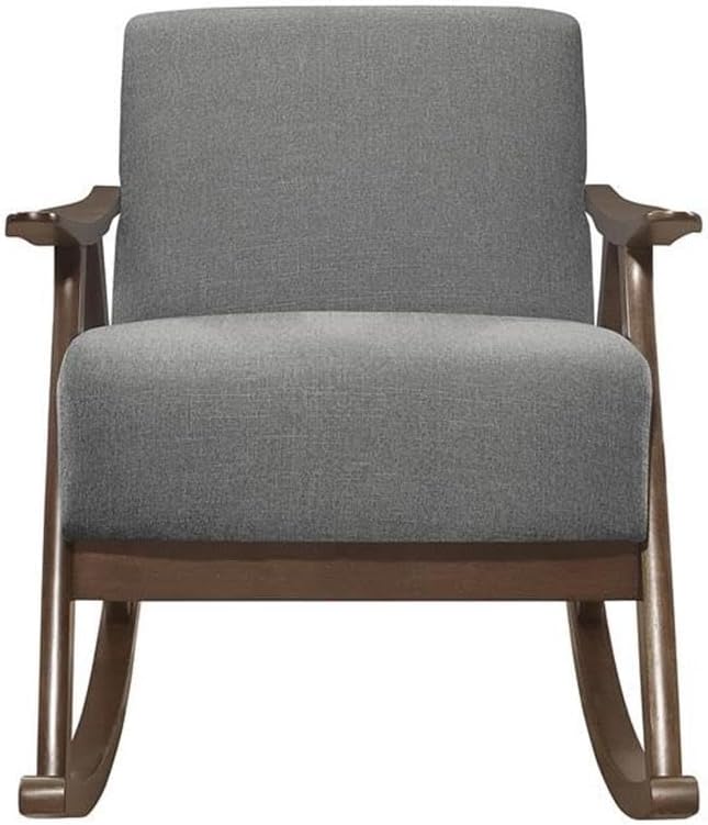 Pemberly Row Mid-Century Textured Fabric Rocking Chair, 33.5" x 28.5" x 37", Solid Rubber Wood Frame, Dark Walnut Finish, Gray Upholstery, Foam Padding, Modern Living Room or Bedroom Seating