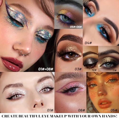 Image of SUAKE Liquid Sparkling Glitter Eyeshadow Stick Pack - High Pigment Shimmer Metallic Eye Shadow, Long-Lasting, White Blue Black Gold Purple Bold Colors,Quicking-Dry (7#-12#, Pack of 6)