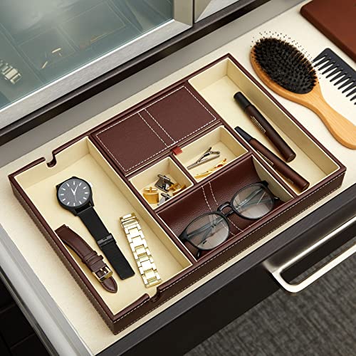 Juvale Leather Valet Catchall Tray for Men with 6 Compartments - Bedside Nightstand Organizer for Phones (Brown) - Valet Tray2