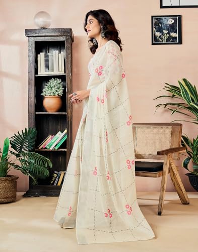 Image of SIRIL Women's Printed Cotton Linen One Minute Ready to Wear Saree With Unstitched Blouse Piece