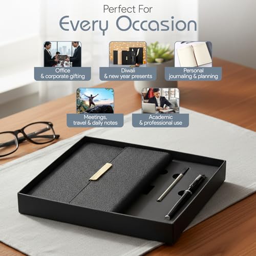 Image of CAVALO - Be Unique Diary Gift Set with Pen | Premium Notebook with Pen & Extra Refill | 6 x 8 Inch, 240 Lined Pages, Undated | Ideal for Corporate Gifting, Office Use, Diwali & New Year Presents (Black Line Diary Gift Set)