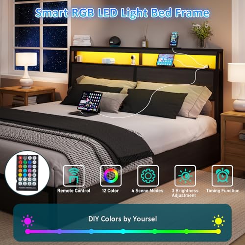 Image of SADENICEL King Bed Frame with Storage Headboard and 4 Drawers, Metal Platform Bed Frame with LED Light, Charging Station, No Box Spring Needed, Noise Free, Easy Assembly, Rustic Grey