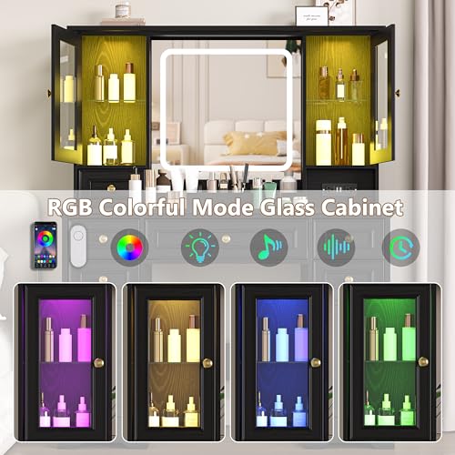 Image of Makeup Vanity Desk with Mirror and Lights, Farmhouse Vanity Table Set with 6 Drawer&Charging Station, Makeup Desk with RGB Cabinets, Black Vanity with Lighted Mirror for Girls Women, 3 Light Modes