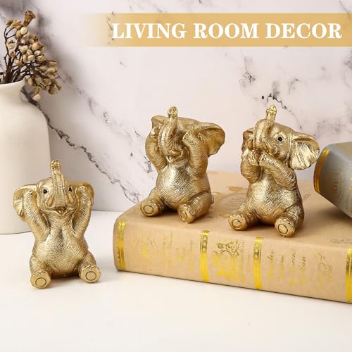 Set de Tres Figuras Decorativas de Elefantes de Resina Dorada miniatura 2