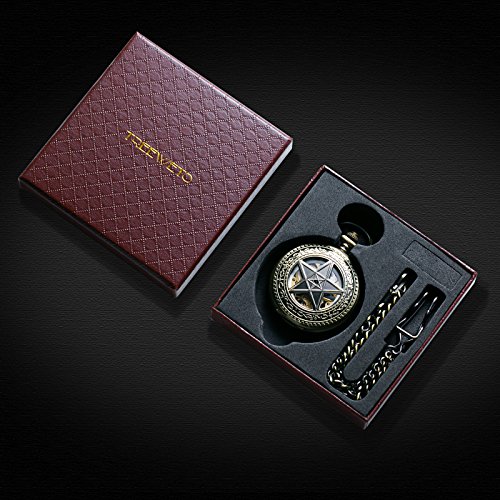 TREEWETO zakhorloge met ketting heren analoog handwiel retro pentagram skelet brons - Afbeelding 6
