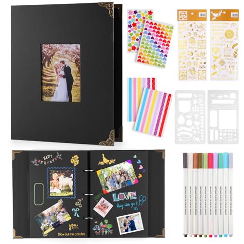 DazSpirit Ringbuch Fotobuch, Fotoalbum Zum Selbstgestalten Schwarz Album Aus Karton, Für 160 Bilder,Scrapbook Mit 60 Seiten,Inkl.10 Metallic...