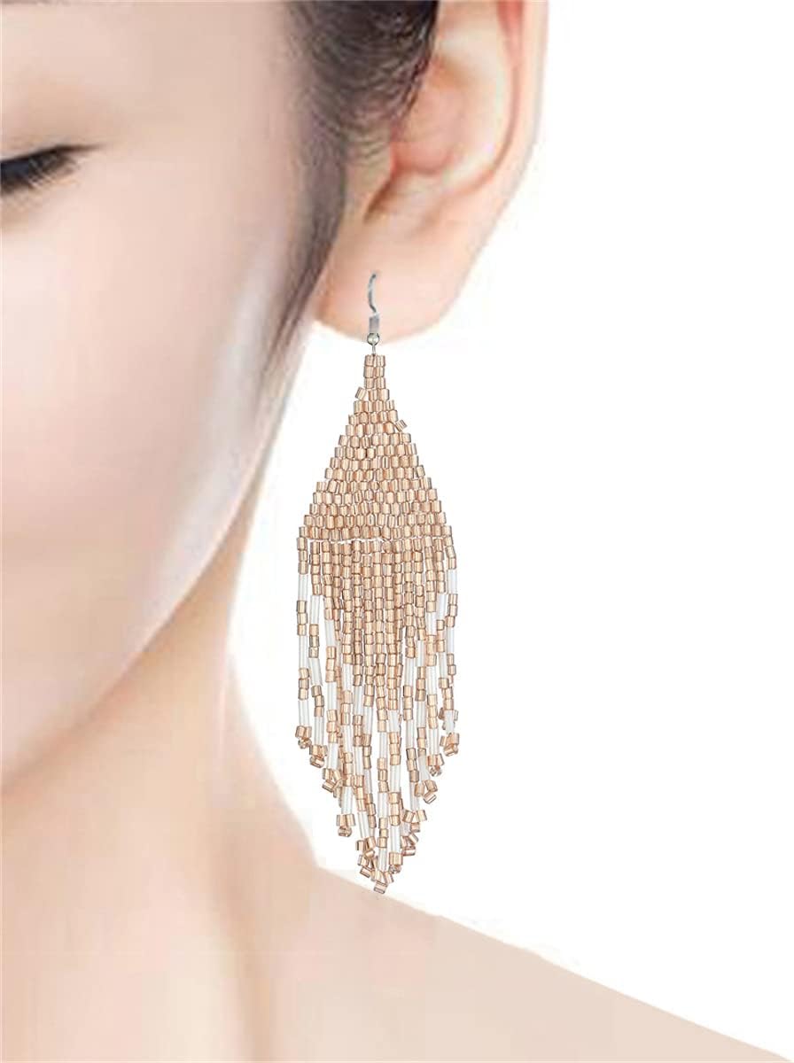 Color Boho Rice Beads Tassel Earrings.Multicolor Long Beaded Dangle Earrings Handmade Woven Drop Earrings Jewelry Gifts for Women - Image 3