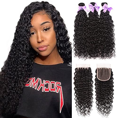 Water Wave Bundles and Closure (24 26 28+20) Brazilian Virgin Hair Water Wave 3 Bundles with Closure Free Part Wet and Wavy Hair Ocean Curly Human Hair Bundles with Closure Natural Color Laritaiya