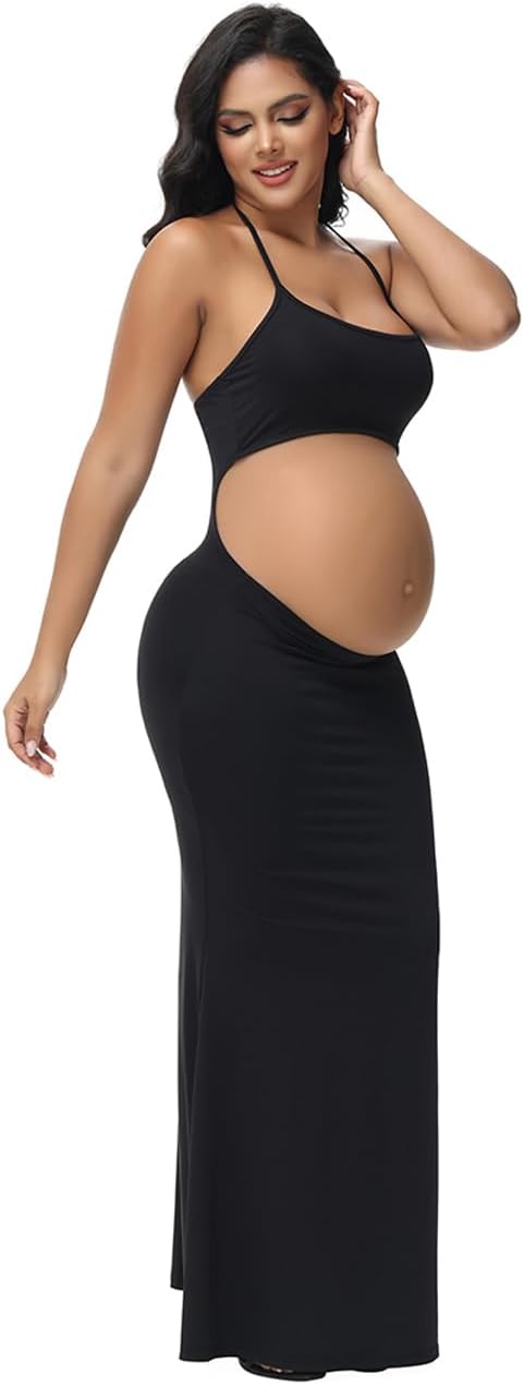 JustVH Women's Maternity Cut Out Backless Bodycon Dress Halter Maxi Photography Pregnancy Dress for Photoshoot Baby Shower - Image 2