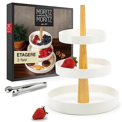 Moritz & Moritz fruttiera a piani a 3 livelli - Pinze incluse - Porcellana di alta qualità - Decorazione moderna per la cucina o per le feste - portafrutta a pian