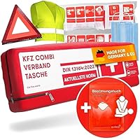 PURAHELP® KFZ Kombitasche inkl. Beatmungstuch [DIN 13164] - Verbandskasten Auto mit Warndreieck & Warnweste - PKW Verbandskasten StVO Konform für 2026 - Erste Hilfe Set Auto - First Aid Kit Car