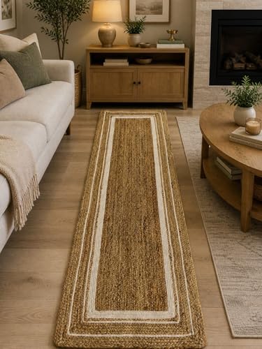 Image of Handmade Natural Jute Runner Rug for Hallway Living Room Kitchen Bedroom Floor Carpet (Beige + White Cotton, 2x4 Feet)