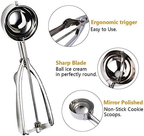 Cookie Scoop Set,JSDOIN Ice Cream Scoop Set, 3 PCS 18/8 Stainless Steel Ice Cream Scoop Trigger Include Large-Medium-Small Size, Melon Scoop (cookie scoop)