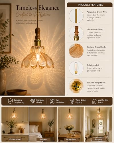 Image of Homesake Botanica Pendant Lamp | Petal Scalloped Glass Hanging Light with Solid Wood Top | Vintage European Ceiling Fixture, Pendant Light for Home Decor, Hallway, Kitchen & Balcony, (Petal, Yellow)