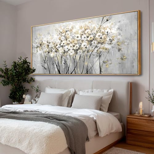 Image of VAYIMDH White and Gold Canvas Wall Art Flower Photo Prints Vintage Wood Wall Decor 40 inchx86 inch Kitchen Artwork Pictures for Bedroom