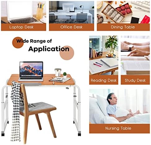 Multigot Overbed Table, Adjustable Laptop Study Desk with Rolling Wheels, Home Office Mobile Computer Workstation (Teak)