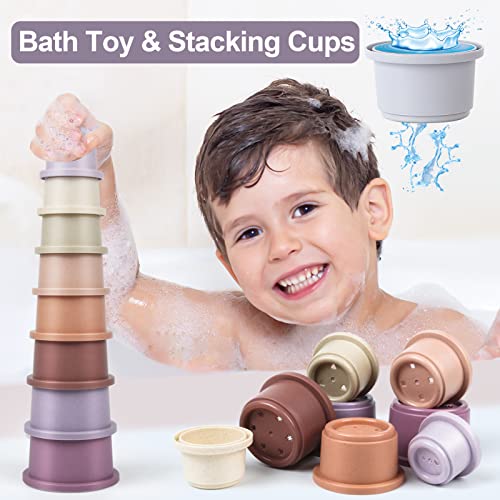 Image of Baby Stacking Cup for Toddler 1-3, 8PCS Counting Nesting Measuring Set, Stackable Bath Toy for 6-12 Months Kids, Educational Montessori Gift for Boys and Girls, Natural Sugarcane Container for Rabbits