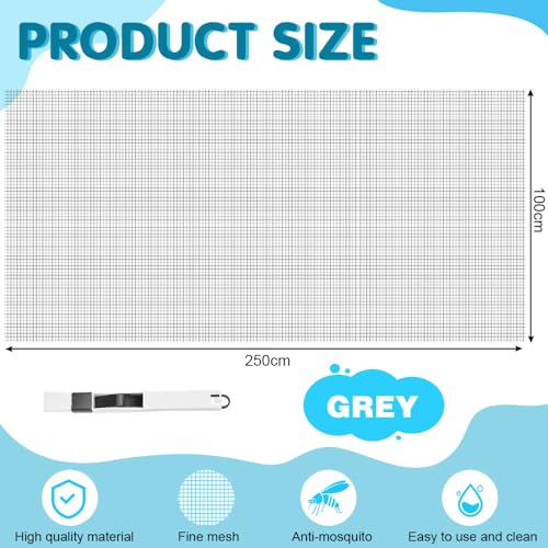 BUZIFU Window Screen Mesh 100 x 250cm Fiberglass Screen Fly Screen Wire Mesh Insect Mesh Replacement Cuttable Mosquito Net Pet Screen with Cleaning Brush for Windows Doors Patio, Cat-Proof, Grey