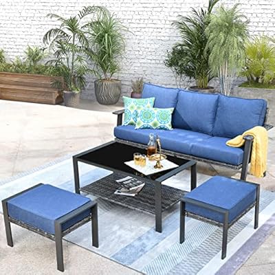 HOOOWOOO Outdoor Patio Furniture Set 4 Pieces Modern 3-Seat Sofa with Ottoman Coffee Table Wicker Patio Conversation Set Bistro Set for All Weather,Denim Blue Cushion