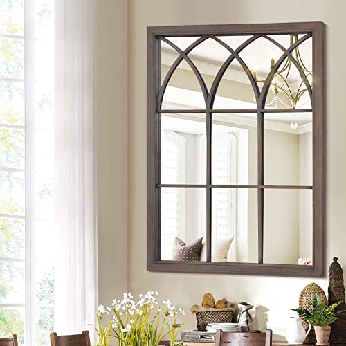 Glsland 24"X32" Wall Mounted Mirror Rectangular Farmhouse Wall Mirror Walnut Windowpane Wooden Frame Mirror Antique Windowpane Mirror For Living Room Or Bedroom #TOP30