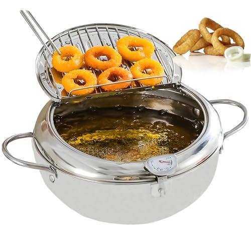 Olla Para Freidora de 3,4 L,Olla Japonesa con Termómetro,Olla Japonesa Tempura de 9,8 Pulgadas,Olla Pequeña de Acero Inoxidable con Tapa y Escurridor para Patatas Fritas,Camarones,Pescado