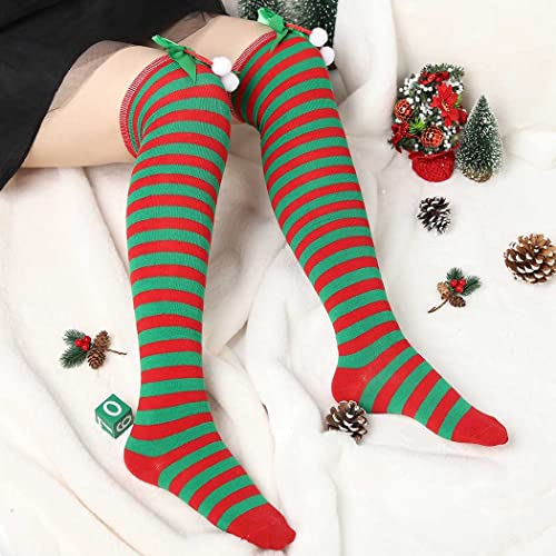 Image of Christmas Party Over Knee Socks Thigh High Stockings Leg Bow Hairball Thigh High Long Stockings for Women and Girls