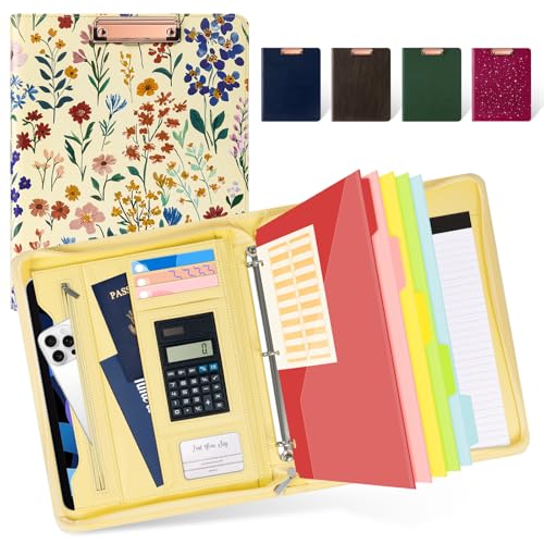 Image of Ospelelf Leather Clipboard Binder with Storage - 3 Ring Zippered Padfolio Portfolio Folder - Calculator, 12.1 inch Tablet Sleeve, 5 Dividers with Pocket, Refillable Notepad, Card Slot (Floral)