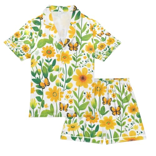 senya Green Flower Butterflies A Satin Summer Pajama Sets Silk Short Sleeve Button Down Sleepwear