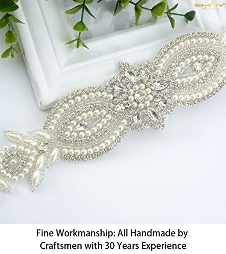 ShiDianYi Wedding Belt Applique Bridal Belt Rhinestone Applique Silver Wedding Dress Sash Belt Applique Crystal Rhinestone Off White Pearls… - Thumbnail 3