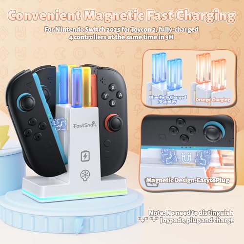 Image of FASTSNAIL Switch 2 Controller Charger Dock for Nintendo Switch 2 for JoyCon | 4-in-1 Fast Switch 2 Joypad Charging Dock Station, 9 RGB Light, Dual-Direction Magnetic Stand for Joycon 2 Accessories, White