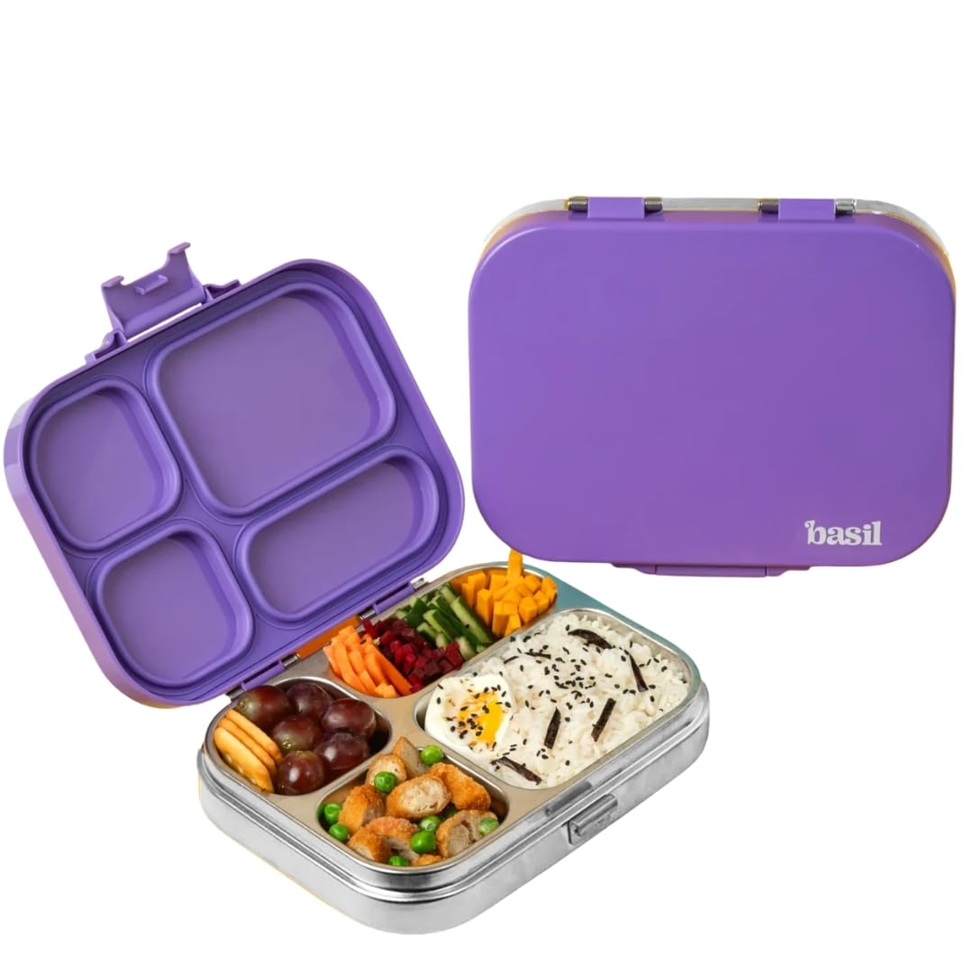 Basil Bento Box Quad - 4 Compartment Stainless Steel Lunch Box with BPA-Free Plastic Lid | 800 ml Leak-Proof Tiffin Box for Kids & Adults | Premium School, Office, and Picnic Lunch Box - Purple Pop