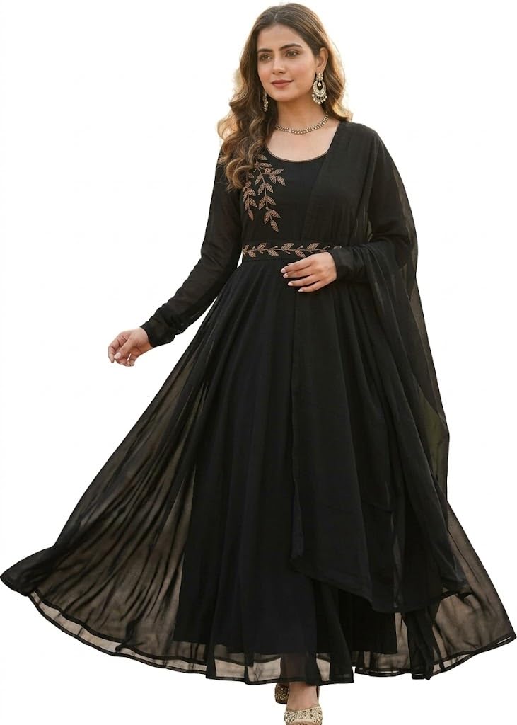 Krina Design Women's Black Indo-Western Anarkali Gown, Embroidered Belt and Shoulder Motif, Full Sleeve Flared Ethnic Dress for Women, Party Function and Occasion Wear, Size XL-picture-31