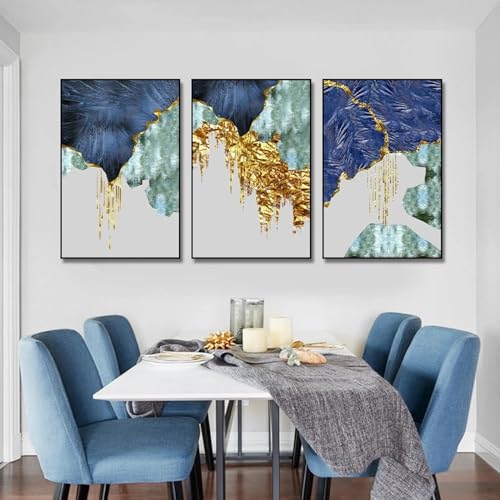Art mural abstrait or bleu toile triptyque pour une ambiance sereine